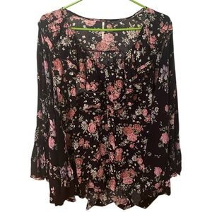 FREE PEOPLE Loretta Flounce Sleeve Floral Pocket Tunic Pink Black Women Size XS